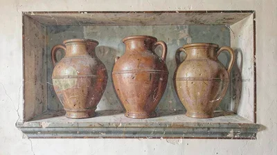 Fresco-style illustration, wine amphorae on shelf , painted into wet plaster, pi