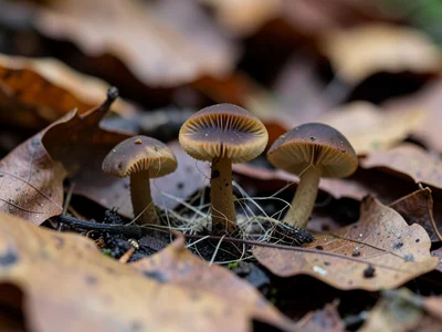 Forest floor close-up — fallen oak leaves with three small inky cap mushrooms em