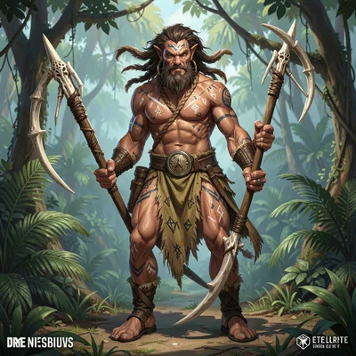 Video game concept art illustration, a tribal warrior with ceremonial markings a