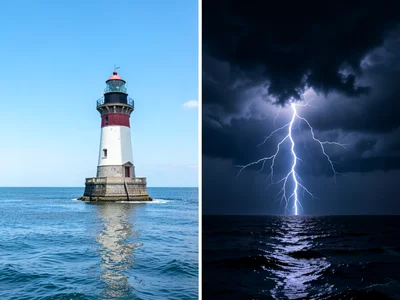 Lighthouse, left half calm sunny sea, right half dramatic stormy night lightning