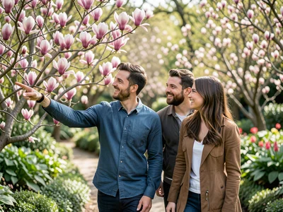 Two friends walking through a botanical garden, one pointing at a blooming magno