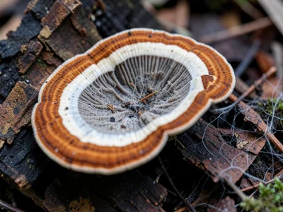 Turkey tail fungus on deadwood — concentric bands of rust, cream, and grey in ov