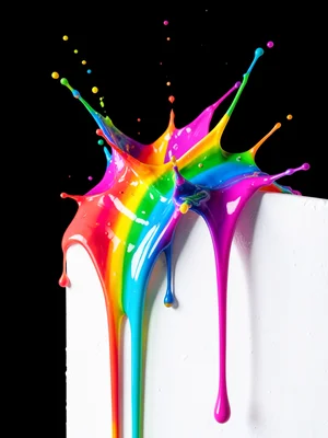 Rainbow paint dripping down white wall, thick layers, vivid spectrum