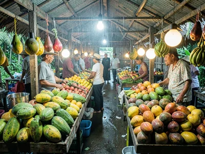 Humid tropical market light in Suva, Fiji, Tropical fruits arranged in rows, pap