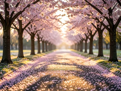 Park pathway lined with cherry trees, fallen petals covering the ground like sno