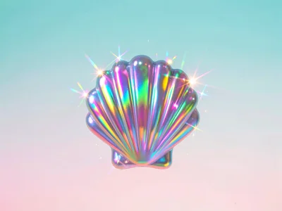 Pearlescent shell-shaped form floating in the foreground of an aqua-pink sky gra