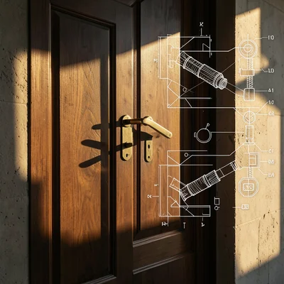 Door and lock photo with mechanical diagram overlay showing inner workings