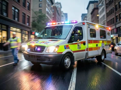 Ambulance driving in city — motion blur of moving vehicle with lights illuminati
