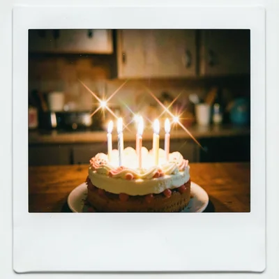 Birthday cake with lit candles, warm kitchen blur behind, the candle flames crea