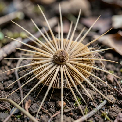 Earthstar fungus with rays fully extended around the central spore sac on bare s