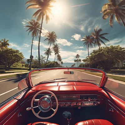 Empty coast road palm trees lining shiny 60s retro re