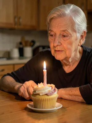A single birthday candle on a cupcake illuminating the face of someone turning 8