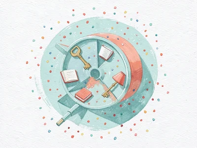 Painted illustration of a rotating wheel of small stylized objects (book, lamp,