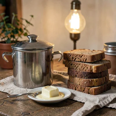 Cozy lifestyle of a butter warmer beside a stack of warm bread on linen, a small