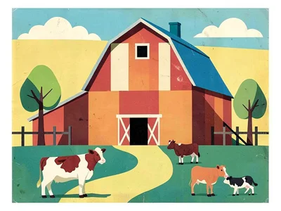 Retro geometric farm scene