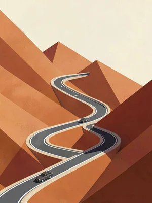 Switchback road carves a copper-red mountain slope in zig-zag bands under a crea