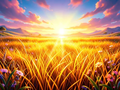 Landscape of joy — golden meadow that literally glows, warm light radiating from