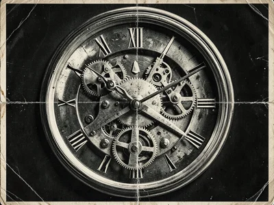 Analog clock mechanism through glass back, gears and balance wheel in motion
