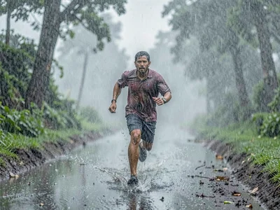 Person running through monsoon