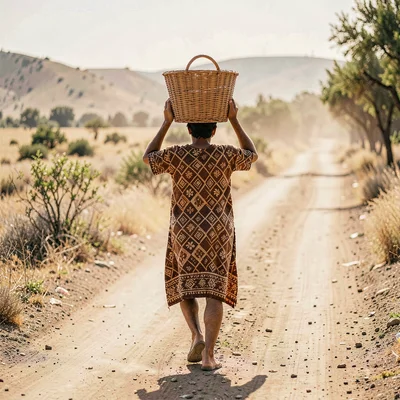 Warm tapa cloth browns and geometric pattern rhythm, A person carrying a woven b