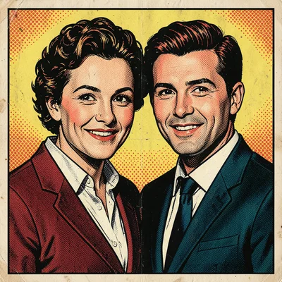 Halftone dot illustration, vintage advertisement couple , Ben-Day dots, pop art 