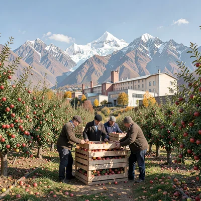 Tian Shan mountains behind Soviet Almaty, apple harvest workers loading wooden c