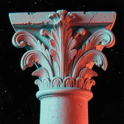 An architectural column capital detail with acanthus leaves projecting toward th