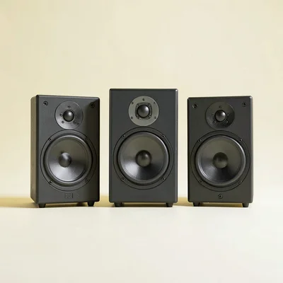 Wide catalog ad of three speaker sizes in a row on a butter-yellow color block,