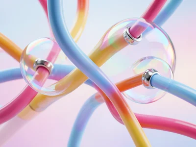 Interconnected glossy tubes in candy colors flowing through space, chrome connec
