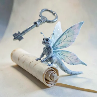 Marble-blue moth-sprite with translucent powder-dusted wings and a tiny humanoid