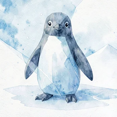 Quiet sapphire lowpoly penguin standing upright with flippers tight to body and 