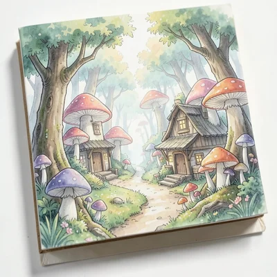Fairy village in mushroom forest, tilt-shift making it look like crafted model