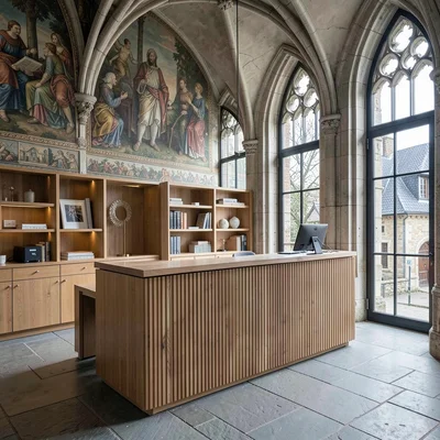 Medieval-modern temporal collision, Ghent layers, Hotel reception desk in conver
