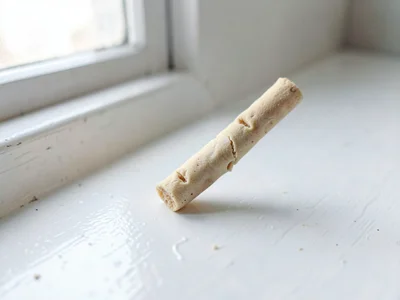 Inhaled oat-cream stick of incense with a slumped tip and fingernail dents along
