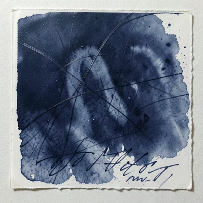 Dark blue monoprint with gestural scratched lines through wet ink, calligraphic 