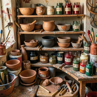 Densely layered composition, rich saturated colors, Potters studio with clay too