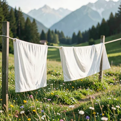 Fresh Alpine atmosphere, gentle pastoral quality, White sheets drying on clothes