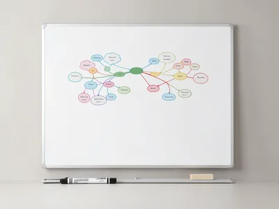 Digital whiteboard with colorful mind map diagrams, marker and eraser at the bot