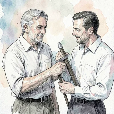 Pen-and-ink illustration of a coach demonstrating a hinge to a client, fine line