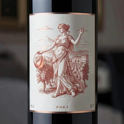 Wine label illustration, Classical goddess of wine , elegant estate scene, viney