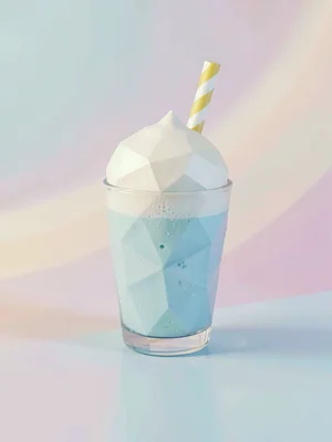 Frothy sky-blue lowpoly milkshake glass with cream foam dome and a butter-yellow