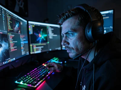 Gamer's face lit by multiple monitors, RGB keyboard glow, headset on, the modern