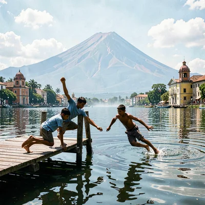 Colonial color against volcano in Granada, Nicaragua, Teenage boys diving from a