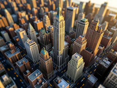 Manhattan skyline from above with tilt-shift blur, toy-like skyscrapers, yellow 