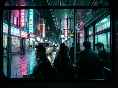A night bus interior seen from outside through rain-streaked glass, passengers a