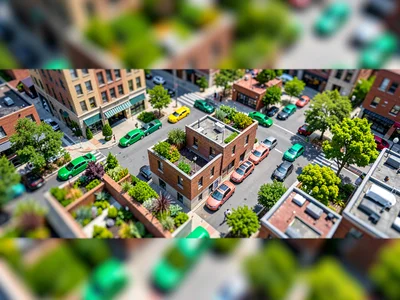 Near a rooftop garden tilt-shift photograph of a downtown grid, saturated emeral