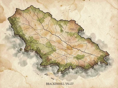 Hand-drawn regional map of the brackenhaul valley on warm parchment, ink-tooled