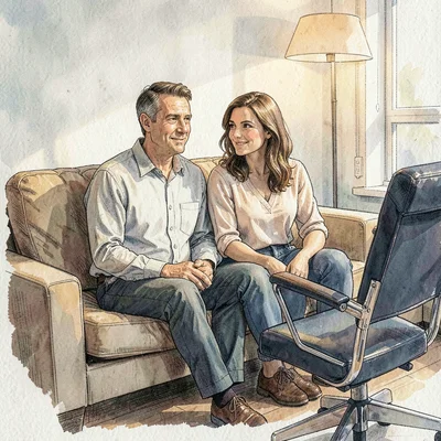 Three-quarter portrait of a couple sitting side by side on a sofa with a therapi