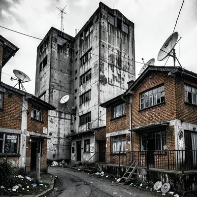 Post-industrial Johannesburg brutalism with harsh flash, Soweto matchbox houses 