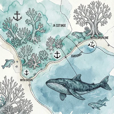 A marine wildlife sanctuary map with coral reefs in turquoise wash, three dive s